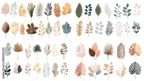 A delicate collection of watercolor leaves in earthy and pastel tones, ideal for botanical designs, nature themed decor, wedding graphics, patterns, and elegant illustrations.