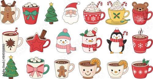 Cute Christmas coffee cup and mug vector set with Santa, snowman, gingerbread, festive drinks and winter holiday illustrations