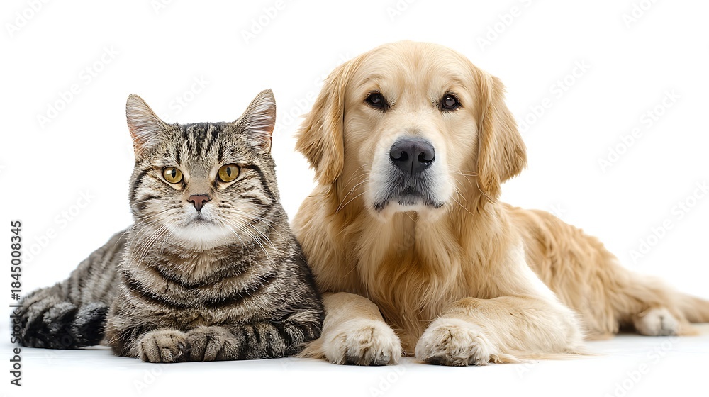 Fototapeta premium Golden Retriever Dog and Tabby Cat Lying Together Isolated on White Background.