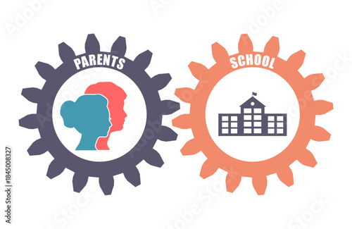 School and parents text on mechanism of gears. Male and female heads. School building.