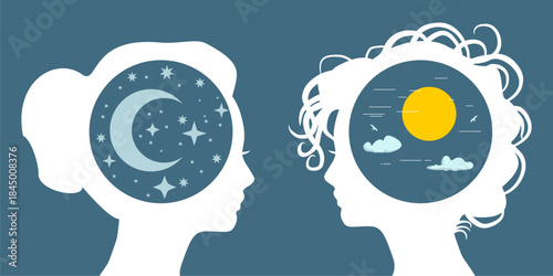 Neurodiversity in men. Logic. Thinking brain. Brainstorming. People with different skills, mindsets or psychological features. Abstract women head profile. Differences in personality characteristics.