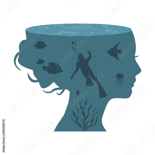 Double exposure portrait of young woman and underwater marine life. Positive thinking. Good mental health condition.