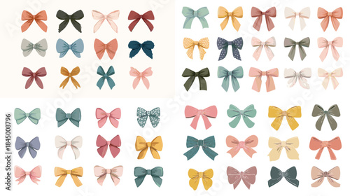A soft watercolor collection of bows in pastel and earthy tones, featuring varied shapes and textures perfect for decorative design, craft projects, nursery themes, and cute styling elements.