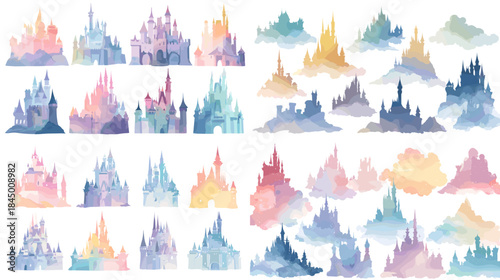 A dreamy watercolor set of fantasy castles in bright pastel tones, featuring magical silhouettes and whimsical shapes perfect for fairytale themes, kids decor, and creative design projects.
