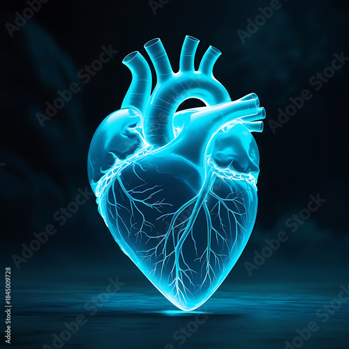 An advanced medical illustration showing a glowing blue human heart with detailed arteries