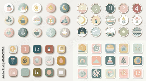 A soft pastel collection of milestone icons and number badges featuring cute symbols, moon phases, plants, and baby themed elements, perfect for nursery decor and monthly trackers.
