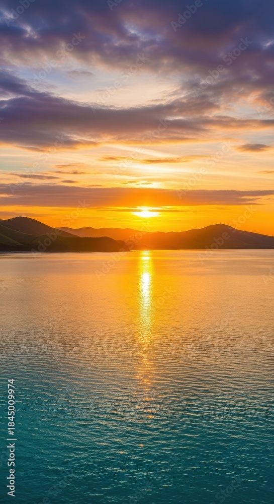 Obraz premium Golden sunset over calm lake and rolling hills