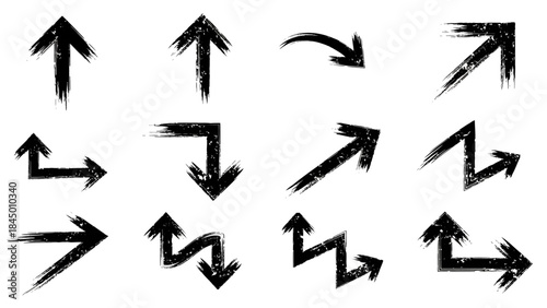 Set of Grungy Arrows Directional Elements for Design and Navigation, Isolated on White