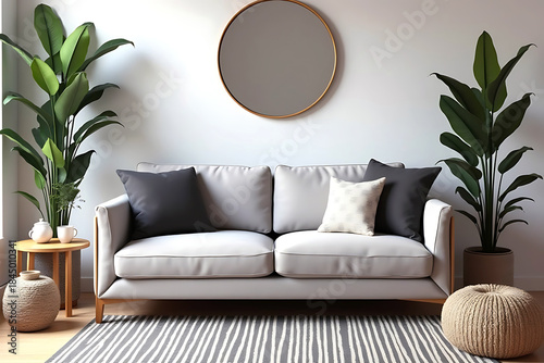 A bright and minimalist living room interior with a gray sofa and large green plants