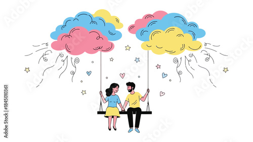Love's Cloud Swing: An illustration showcasing a loving couple gracefully seated on a swing. Underneath the whimsical cloudscape with gentle rainfall and star-speckled background.