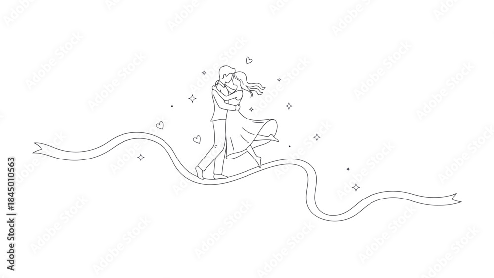 Obraz premium A Dreamy Dance on a Ribbon: Two figures embrace in a tender dance on a ribbon, radiating romance and togetherness. Capturing the essence of shared dreams, tender embrace, and eternal connection.