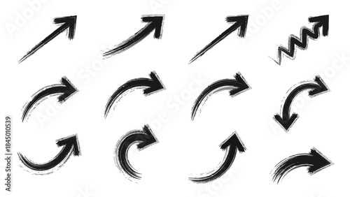Collection of black arrows with brush stroke texture, perfect for indicating direction or progress on a white background