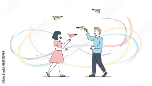 Airmail of the Mind: Two individuals, immersed in a moment of childlike delight, engage in the carefree activity of launching paper airplanes, symbolizing imagination, and the pursuit of dreams.