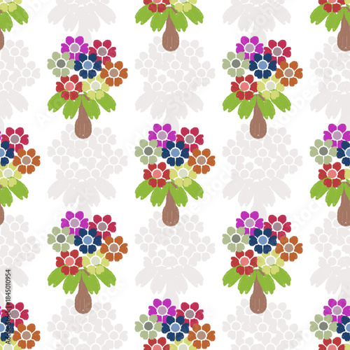 Ikat seamless pattern with colorful flowers and leaves on a white background. Vector illustration. Flower vintage background. Ikat handmade pattern. Design for wallpaper and textiles.