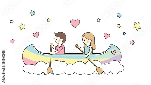 Romantic Voyage: A charming cartoon depicts a couple paddling a canoe across a sea of love. Hearts and stars float in the sky, symbolizing their joy.