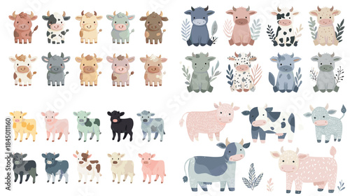 A watercolor collection of cute cow illustrations in soft pastel colors with varied poses and spots, perfect for nursery themes, kids designs, farm graphics, and playful character art.
