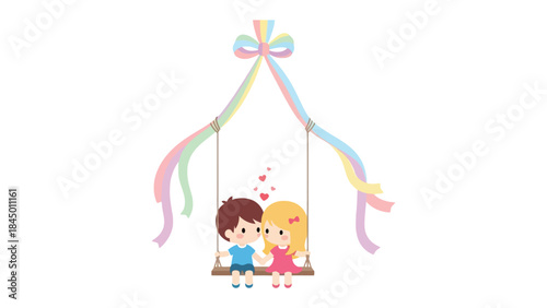 Eternal Devotion: Two sweethearts share an intimate moment on a swing adorned with pastel ribbons, with heart symbols signifying their love, set against a simple backdrop.