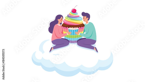 Sweet Moment of Togetherness: A couple shares a special moment, embracing a giant cupcake. This charming illustration captures the sweetness of shared experiences and the joy of indulgence.