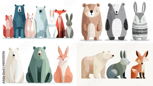 A charming set of stylized bear, fox, and rabbit characters in soft textured colors, ideal for nursery themes, kids decor, storytelling graphics, and woodland animal designs.