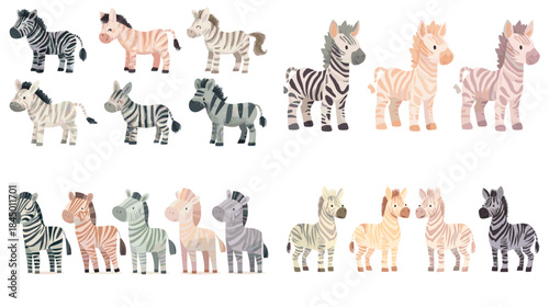 A watercolor collection of cute zebra illustrations in soft pastel tones with varied poses and colors, perfect for nursery art, kids designs, and playful animal themed projects.