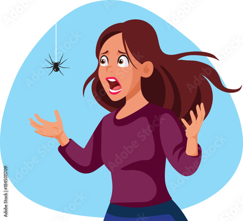 Woman Screaming When Seeing a Harmless Spider Vector Illustration.  Stressed and startled girl feeling unease when seeing a creepy  arachnid
