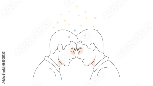 Serene Connection: Two individuals share an intimate moment, their eyes closed in tranquil reflection, accompanied by glowing sparks above their heads. conveying a deep sense of peace and unity.