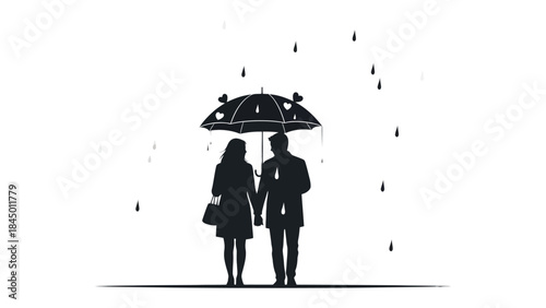 Rainy Day Rendezvous: A silhouette of a couple stands under an umbrella, holding hands and sharing a tender moment amidst the gentle rain, which evokes the warmth of their love.