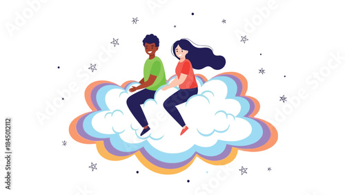 Dreamy Duo: A couple in a whimsical embrace, riding atop a vibrant cloud against a starry backdrop, capturing the essence of togetherness.