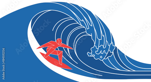 Dynamic vector illustration of a surfer riding a powerful blue ocean wave, capturing the thrill and energy of water sports and extreme adventure.