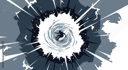 Abstract illustration of a person falling into a dark, swirling vortex, symbolizing a crisis, overwhelming challenges, or a downward spiral into the unknown.