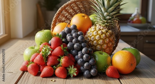 Fototapeta Naklejka Na Ścianę i Meble -  Assorted fresh fruits on wooden table