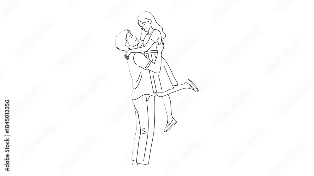 Fototapeta premium Romantic Embrace in Monochrome: A tender moment of love and connection, a monochrome sketch depicting a man lifting a woman in a loving embrace. 