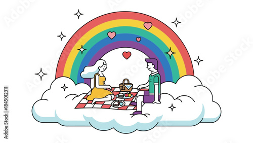 Picnic on Cloud Nine: A couple enjoys a romantic picnic on a fluffy cloud, under a vibrant rainbow, symbolizing love and happiness.