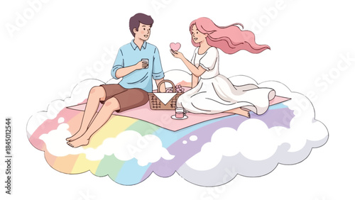 Dreamy Date on Cloud Nine: A couple enjoys a romantic picnic on a cloud amidst a rainbow, filled with joy and affection. The scene illustrates love, serenity, and the shared warmth of companionship.