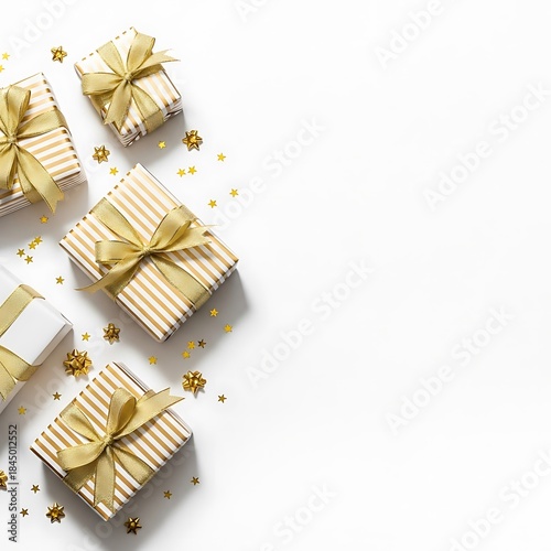 Gold Gifts Boxes with Ribbons and Stars on White Background