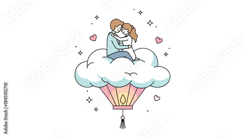Love's Sweet Flight: A tender moment of embrace unfolds as a couple find solace in a shared cloud, their love ascending on a gently lit lantern