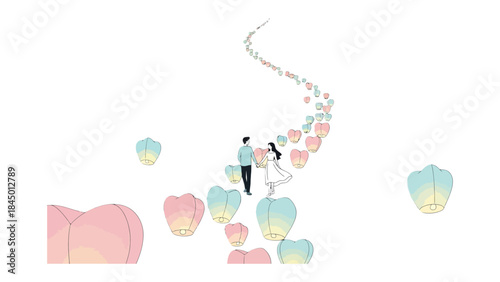 Soaring Wishes: A couple shares a moment of enchantment as they release lanterns into the twilight sky, symbolizing hopes and dreams taking flight. 