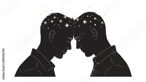 Soulful Connection: Two individuals stand in quiet contemplation, silhouetted against a soft light, their heads touching. The image depicts a moment of deep understanding, empathy.