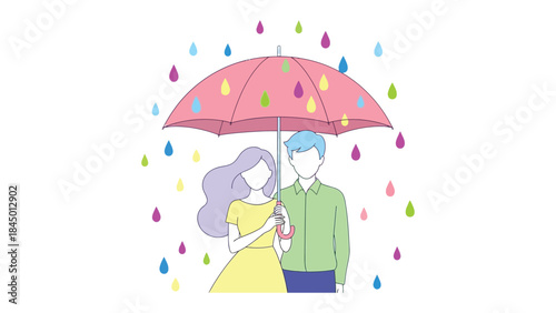 Love's Embrace in the Rain: A couple, sheltered under a colorful umbrella, shares a tender moment amidst a gentle rain, symbolizing love, protection, and shared experiences.