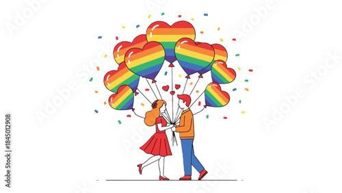 Rainbow Love: Two figures, embracing the vibrant spirit of Pride, share a tender moment with a bouquet of heart-shaped balloons, symbolizing the beauty of diversity and inclusion.