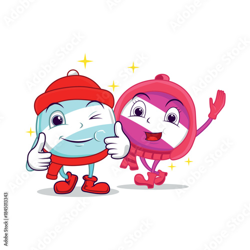 Bright and cheerful illustration of two candy characters wearing winter attributes such as hats and scarves. Playful cartoon style with vibrant colors, perfect for holiday designs, winter promotions