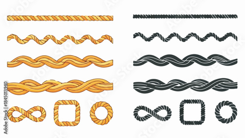 Cartoon vector set of gold and black rope borders, braided frames, and nautical knots