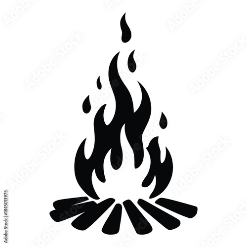 Stylized black silhouette of a campfire with dynamic flames and wood logs Vector