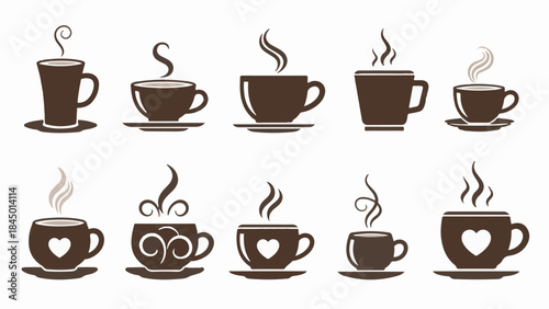 Big Set of Brown Coffee and Tea Cups Vector Icons Collection Isolated on White