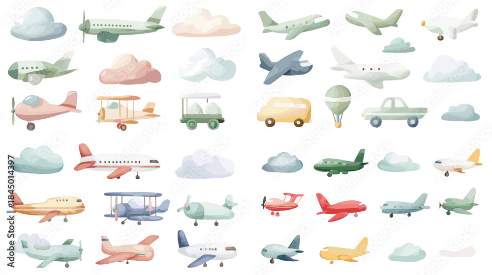 Naklejka premium A playful set of watercolor airplanes, vehicles, and soft clouds in pastel colors. Perfect for nursery themes, travel illustrations, kids artwork, and whimsical creative designs.