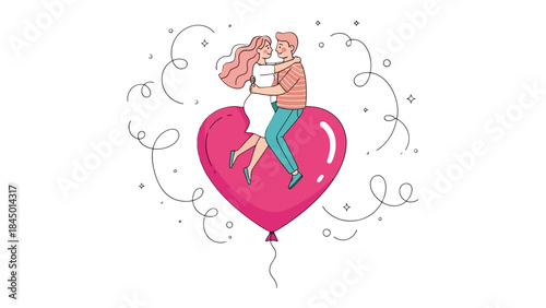 Couple Embracing on Heart Balloon: A loving couple embraces atop a heart-shaped balloon, symbolizing love and togetherness, floating amidst a whimsical backdrop. 