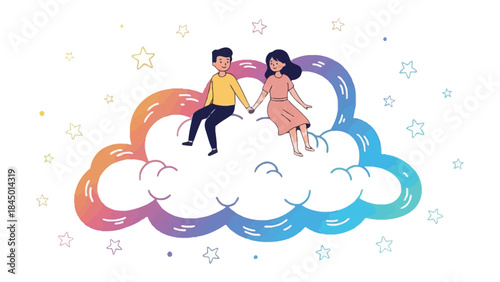 Couple in Dreamland: A delightful couple sit together on a cloud, symbolizing love, dreams, and a shared journey. Surrounded by stars and a rainbow gradient.