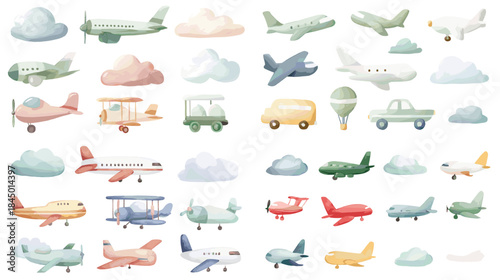 A playful set of watercolor airplanes, vehicles, and soft clouds in pastel colors. Perfect for nursery themes, travel illustrations, kids artwork, and whimsical creative designs.