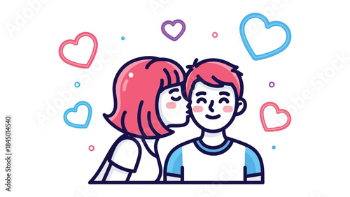 Love's Gentle Kiss: In a heartwarming illustration, a tender moment unfolds as a woman lovingly kisses a man. Hearts symbolize affection and warmth.