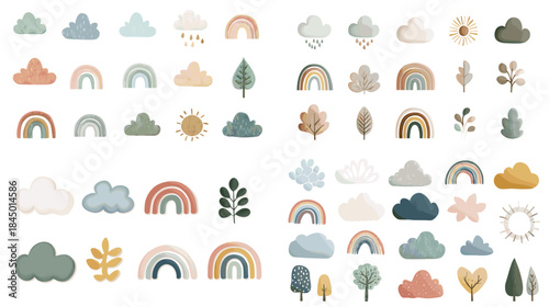 A soft pastel set of clouds, rainbows, leaves, trees, and sun icons with gentle textures. Ideal for nursery themes, children’s illustrations, nature graphics, and modern decorative designs.